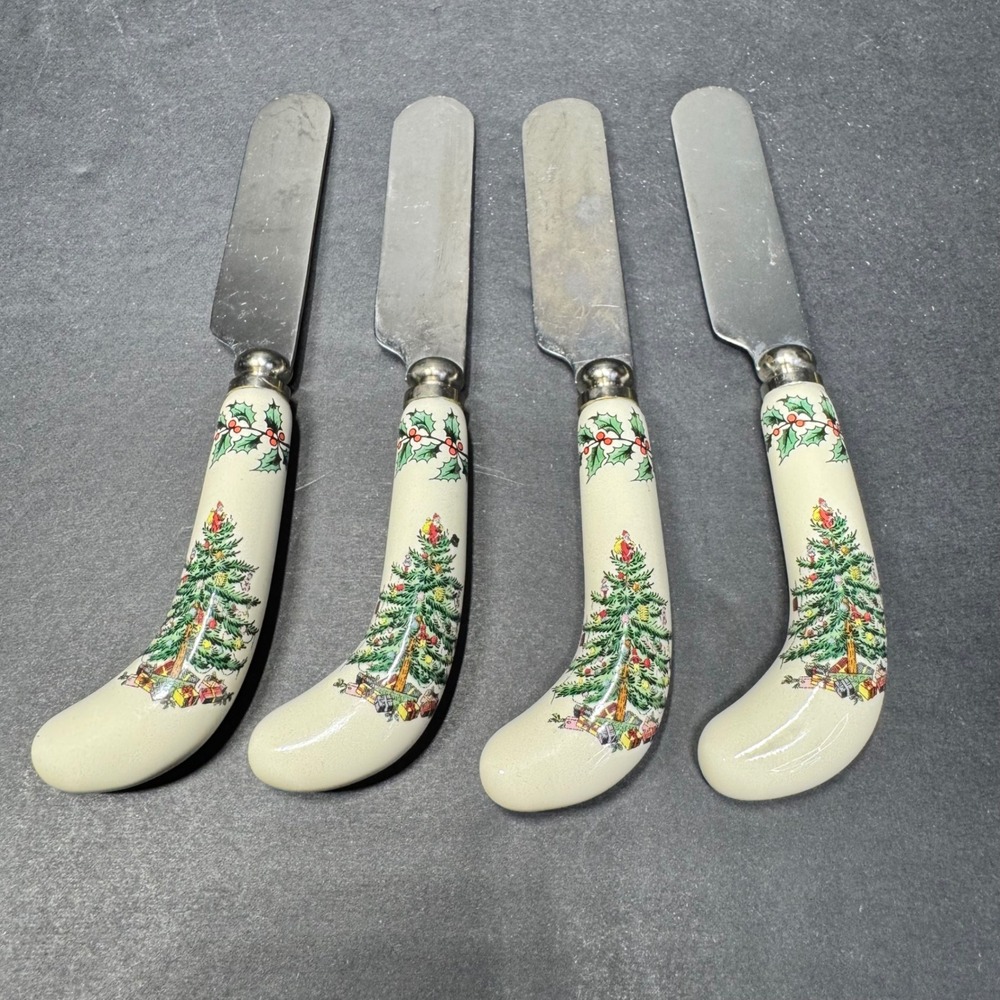 Spode Christmas Tree Cheese Spreaders Set of 4 Stainless Steel Ceramic Handles